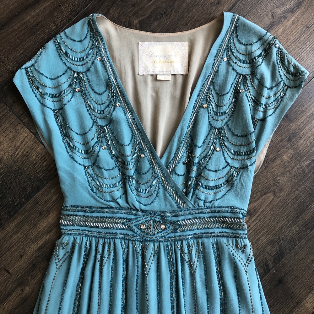 Champagne&Strawberry | Beaded Teal Dress